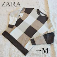 ZARA ザラ パッチワークジャガードニットセーター プルオーバー ブラウン Mのサムネイル