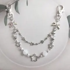 【SB－10】バッグチャーム、スクバチャーム/シルバー、白色よつ葉、たくさんの☆