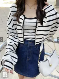 キャミソール×ボーダー柄パールニットカーディガンアンサンブル[k9294z]