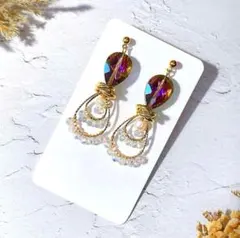 ピアス　イヤリング　オーロラピンクパールガラス淡水パール　ワイヤー　ハンドメイド