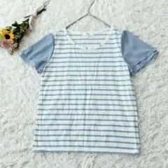 【Ｍ】grove　ビジュー　ストーン　異素材半袖カットソー　ストライプ　水色　白