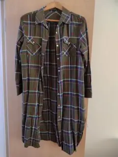 オリーブグリーン チェック柄 シャツワンピース 長袖