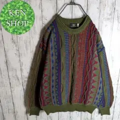 3Dニット　セーター　マルチカラー　幾何学模様総柄　ヴィンテージ古着