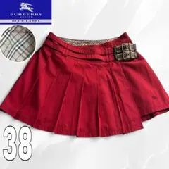 K：　バーバリーブルーレーベル　赤　ミニスカート　巻き　プリーツ　ノバチェック