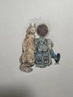 子供と犬の水彩画（フレーム付き）sono-038