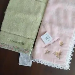 【未使用タグ付き】タオルハンカチ　レース刺繍　ピンク　緑　まとめ売り