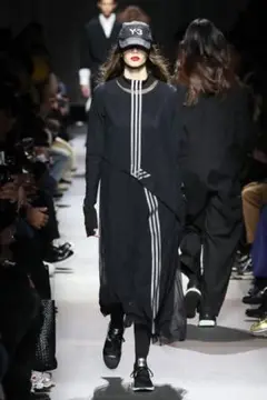 Y-3 2018AW ワイスリー レイヤードメッシュ 長袖ロングワンピース 黒