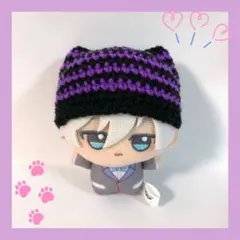 ちびぐるみ ぬい服 猫耳ボーダーニット帽 黒×紫 ハンドメイド 編み物