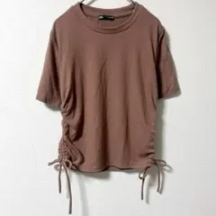 ZARA サイドギャザー リブトップス ピンクベージュ 半袖 シャーリング Lのサムネイル