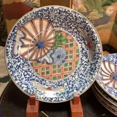 江戸初期　呉須　古伊万里　極上　七宝　楼閣山水図　角渦福　大皿 江戸初期 呉須 古伊万里 極上 七宝 楼閣山水図 角渦福 大皿