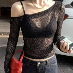 レース トップス オフショルダー 透け感 ブラック 海外 Y2Kのサムネイル