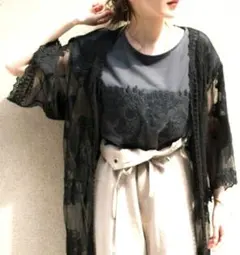 OSMOSIS オズモーシス 総レース 刺繍 ロングカーディガン ブラックのサムネイル