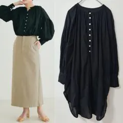 SALON ボリューム袖バンドカラーギャザーチュニック ブラウス コットンボイルのサムネイル