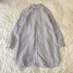 無印良品　リネンシャツチュニック　M ホワイト×ネイビー　ストライプ