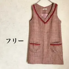 Vネックジャンパースカート 刺繍糸飾り ピンク系 リネン混 裏地ありのサムネイル