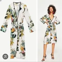 ZARA ザラ kimono キモノガウン ワンピース 花柄 ベルト Sのサムネイル