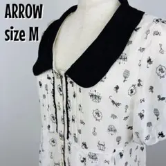 【0207】ARROW 猫柄 ワンピース M 半袖 白 黒襟 レトロ