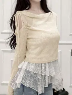 《GRL》New！リボンワンショルダーシアートップスメイレヘムレースキャミソール