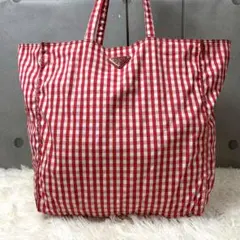 【極希少】PRADA ギンガムチェック トートバッグ 三角ロゴ 大容量 赤