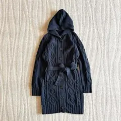 ニット ロングカーディガン ネイビー 秋 冬 フード付 ケーブル編み M