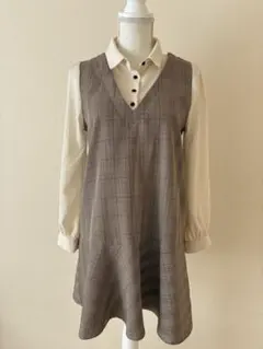 ブラウン系チェック Vネック長袖ワンピース　F