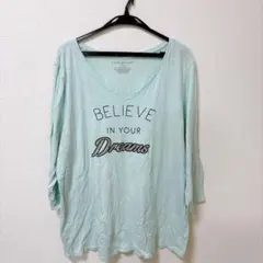 カットソー Vネック 七分袖 英字 ミントグリーン ゆったり3XL