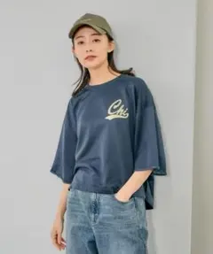 グローバルワーク 乾きやすいスウェットプリント7分袖 SHORT ネイビー
