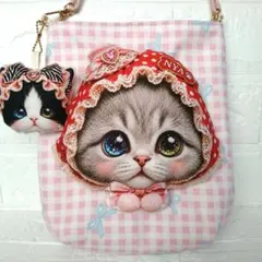 白ねこちゃん☆ころりんサコッシュ デニム風ハートプリント 赤ずきん