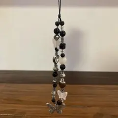 ハンドメイド ビーズストラップ 蝶々 ブラック