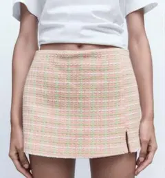 ZARA チェック柄ピンクツイードスカパン　ミニスカート