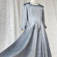 ヴィンテージ 光沢感　ブルーグレーワンピース 襟付き ロング丈 フレア