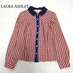 【ローラアシュレイ】ギンガムチェック柄シャツ 丸襟 パイピング ウールコットン赤
