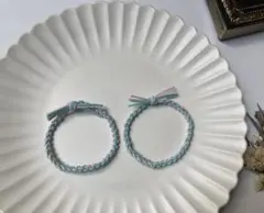 四つ編みヘアゴム2本セット　スカイグリーン×ピンク