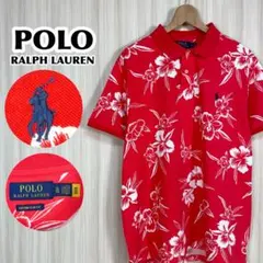 Den様☆ポロラルフ 刺繍ポニー アロハ 半袖ポロ ハイビスカス 総柄 XL 赤