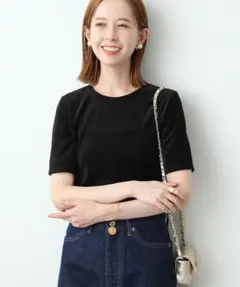 秋物★美品★スローブイエナ ストライプベロアTEE 定価6,600円 黒のサムネイル
