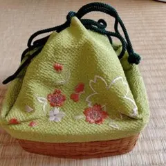 緑色 花柄刺繍 巾着型和装用バッグ