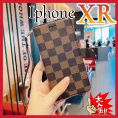iPhoneXRケース　手帳型　茶色　チェック柄 PUレザー　耐衝撃