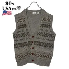 90sヴィンテージUSA古着 ウール100%ニットベスト グレー L レトロ柄