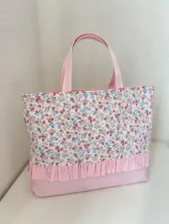 ハンドメイド レッスンバッグ 通園 通学 新学期 フリル ピンク 花柄 ハート♡