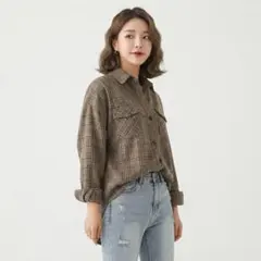 【GRL】グレンチェック柄 オーバーサイズシャツ ブラウン