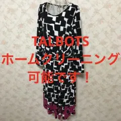 ★TALBOTS/タルボット★七分袖ひざ丈ワンピースM(9号)ブラック.総柄