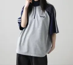 ライトグレー　S ラグランハーフジップ半袖カットソー