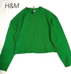H&M エイチアンドエム グリーン クルーネック クロップドニット薄手