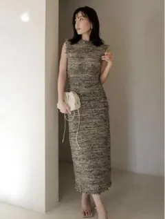 【美品】anuans ブラッシュツイードニットワンピース　ベージュ S