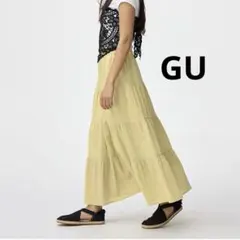 GU レディース ティアードマキシスカート イエローティアードフレアスカート