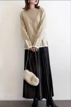 OPAQUE．CLIP　配色デザインボートネックニット　べージュ