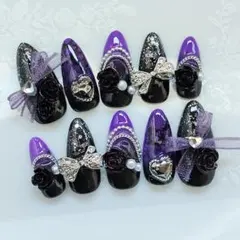 現品ネイルチップ　黒紫　ゴシック