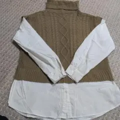 Lサイズ　ベージュ タートルネックニットシャツコンビ