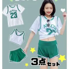 ★新品★ 水着 レディース 体型カバー 3点セット タンキニ　グリーン ジュニア