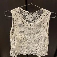 送料込❗️ZARA アイボリー レース ノースリーブ M ボレロ　透け感
